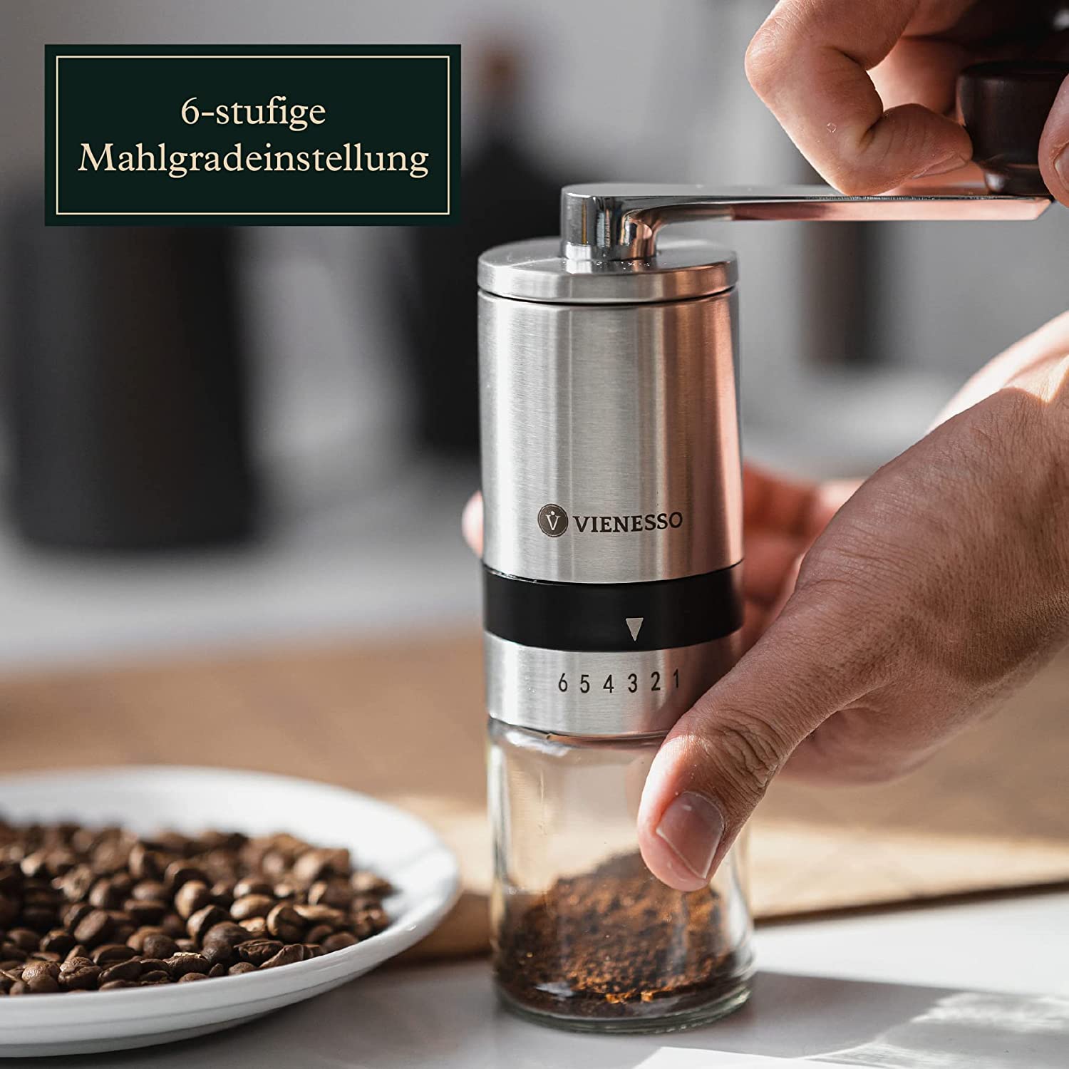 Manuelle Handkaffeemühle mit Keramik-Mahlwerk: Espressomühle mit 6-Stufen Mahlgradeinstellung