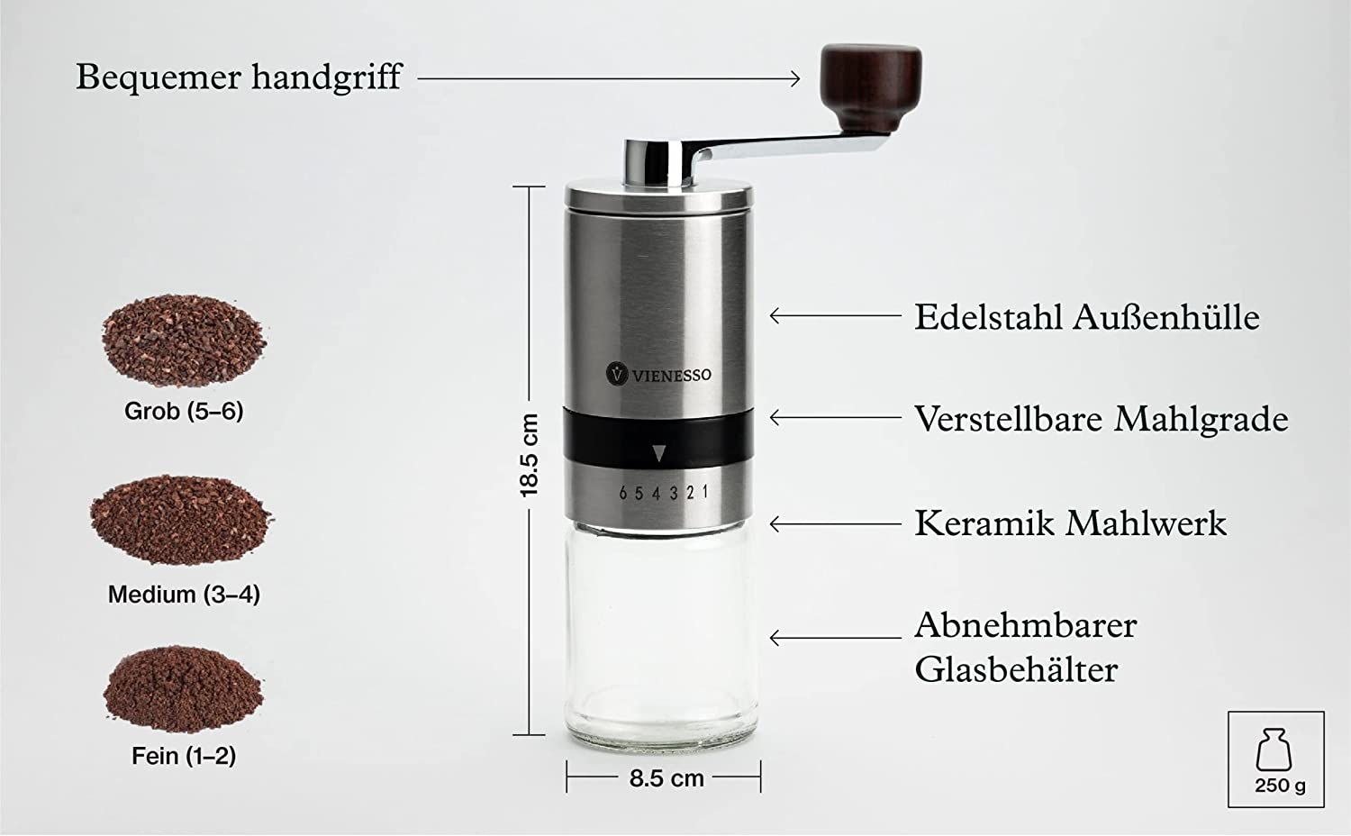 Manuelle Handkaffeemühle mit Keramik-Mahlwerk: Espressomühle mit 6-Stufen Mahlgradeinstellung