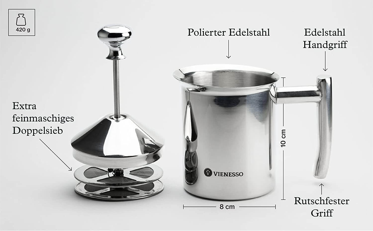 Manueller Hand-Milchaufschäumer aus Edelstahl mit Mesh-Sieb für cremigen Milchschaum - 400 ml